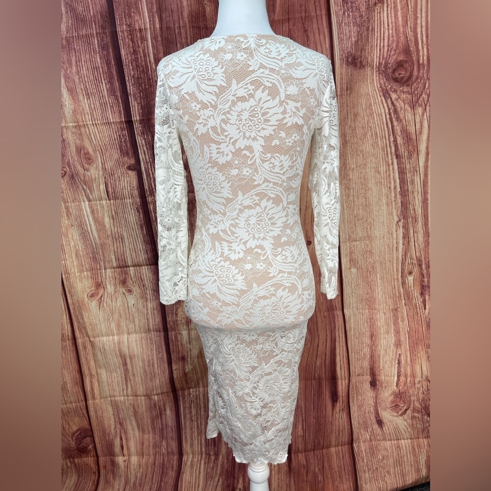 Kimcine off white nude lined 3/4 sleeve V-neck fitted stretch dress women’s S - Picture 9 of 17